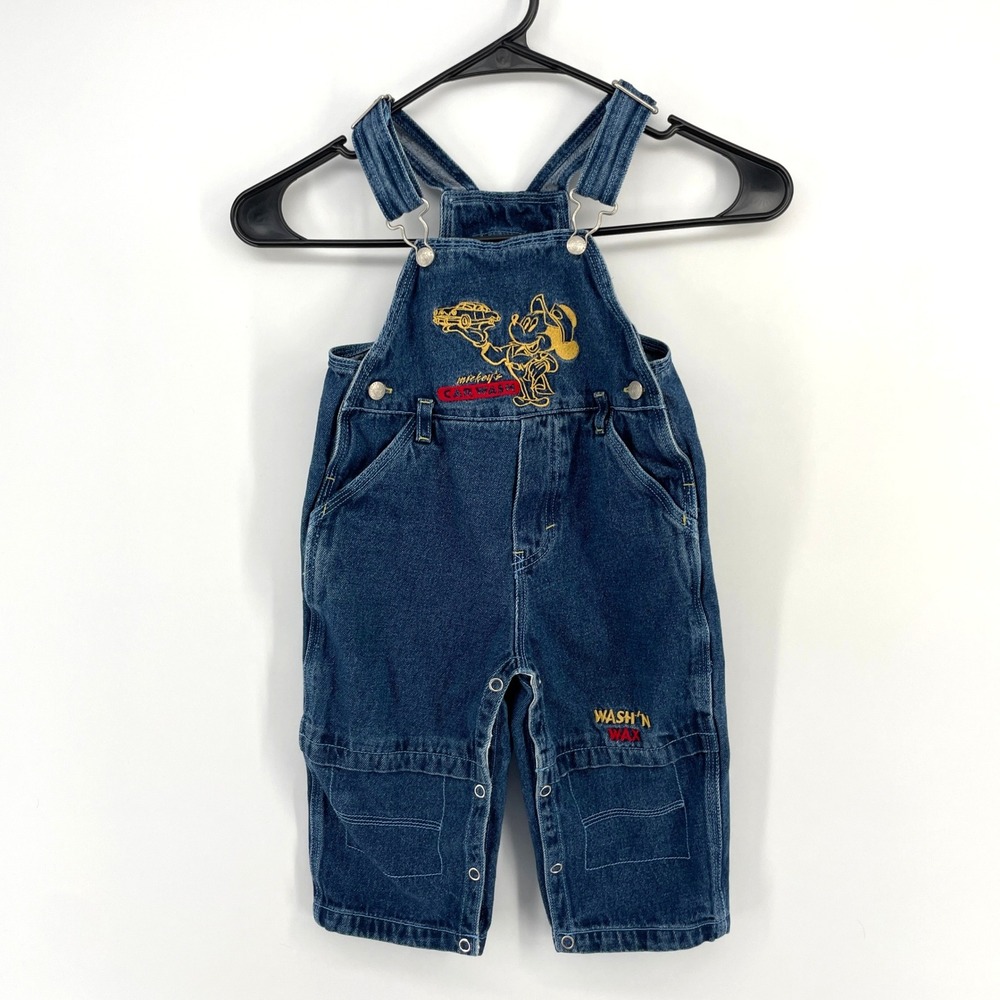 VTG Disney‎ Mickey Mouse Car Wash Denim Overalls 24M Blue Embroidered Y2K 90s